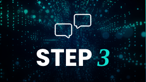 Step 3 text on image with bubble speech icon on a futuristic background